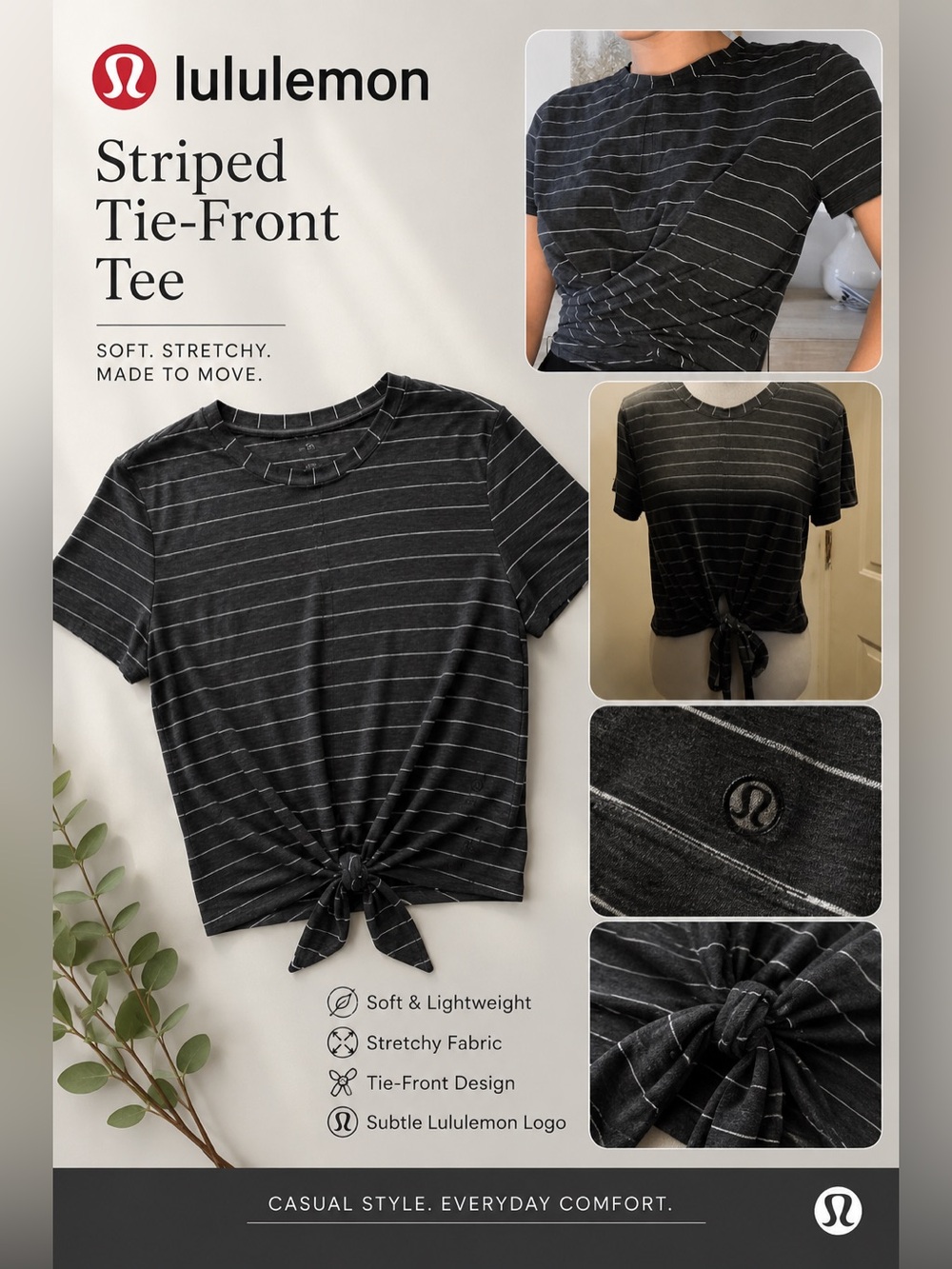 Lululemon Striped Tie Front Short Sleeve Tee Black White